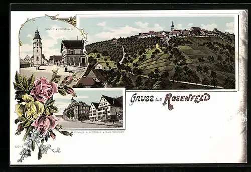 Lithographie Rosenfeld, Rathaus mit Apotheke und Marktbrunnen, Kirche und Forsthaus