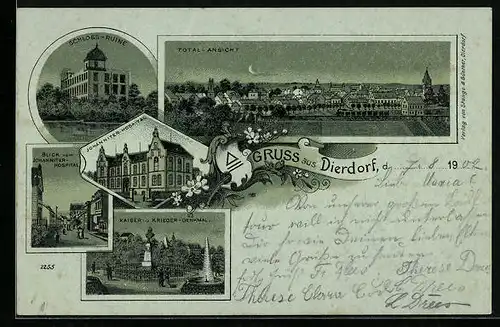 Mondschein-Lithographie Dierdorf, Totalansicht, Schoss-Ruine, Krieger-Denkmal