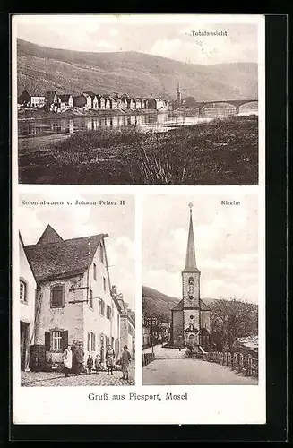 AK Piesport a. Mosel, Totalansicht, Kirche, Kolonialwaren Johann Pelzer II