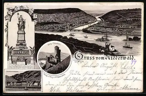 Vorläufer-Lithographie Assmannshausen, Burg Ehrenfels, Niederwald-Denkmal 1894