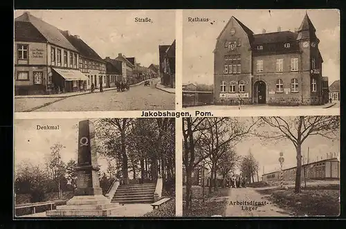 AK Jakobshagen, Strassenpartie, Rathaus, Denkmal, Arbeitsdienstlager