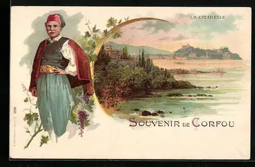 Lithographie Corfou, La Citadelle, Zitadelle im Abendlicht, Grieche in Tracht