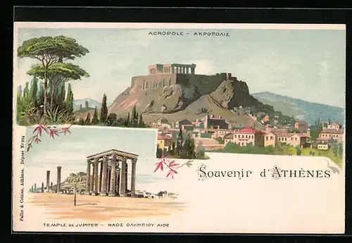 Lithographie Athènes, Acropole, Temple de Jupiter