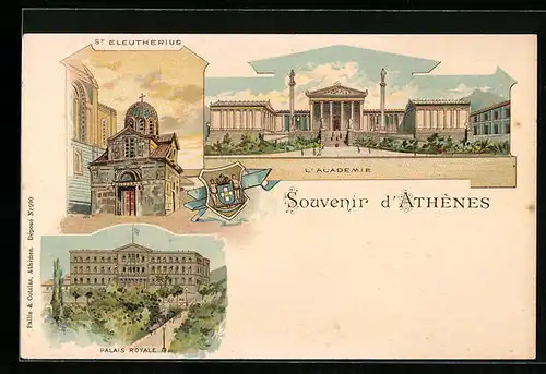 Lithographie Athenes, St. Eleutherius, L`Academie, Palais Royale