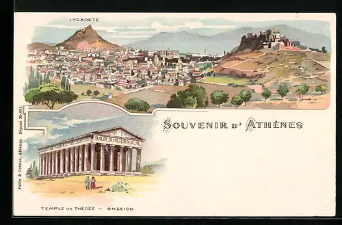 Lithographie Athenes, Lycadete, Temple de Thesee