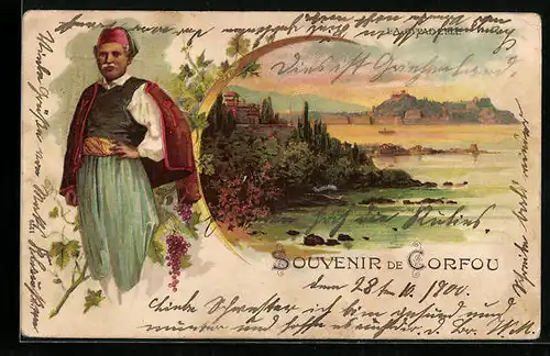 Lithographie Corfou, La Citadelle, Zitadelle im Abendlicht, Grieche in Tracht