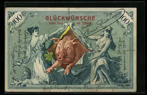 Künstler-AK Schwein springt durch einen 100 Mark Geldschein, Neujahrsgruss