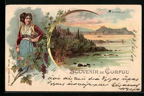 Lithographie Corfou, La Citadelle, Griechin in Tracht