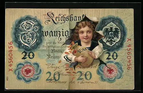 Künstler-AK Kind mit Geldsack auf Banknote