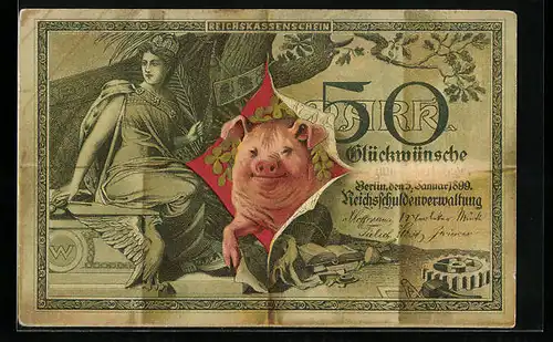 Künstler-AK Reichskassenschein 50 Mark, Glücksschwein, Geld