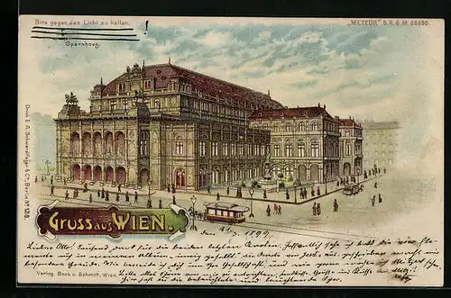 Lithographie Wien, Pferdebahn vorm Opernhaus, bei Nacht, Halt gegen das Licht