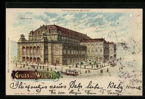 Lithographie Wien, Pferdebahn vorm Opernhaus, bei Nacht, Halt gegen das Licht