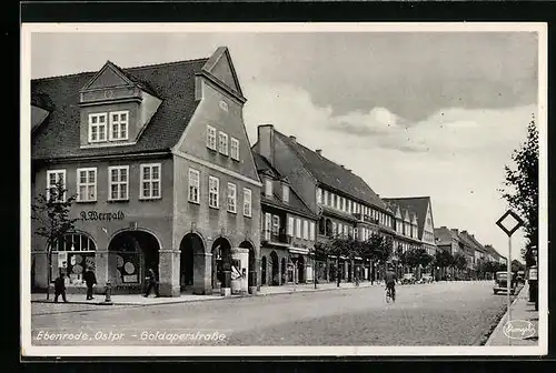 AK Ebenrode, Goldaperstrasse mit Geschäften und Litfasssäule