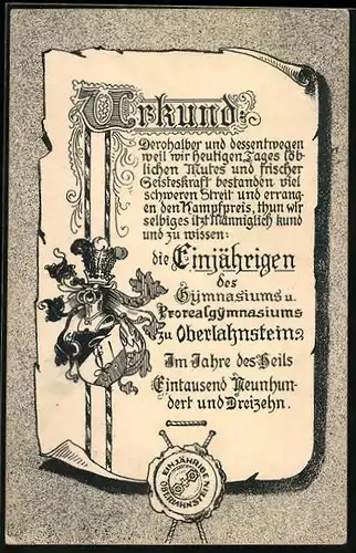 AK Oberlahnstein, Urkunde der Einjährigen des Gymnasiums und Prorealgymnasiums, Studentenwappen