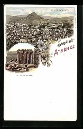 Lithographie Athen, La Ville d`Athènes, Temple de la Victoire Aptere