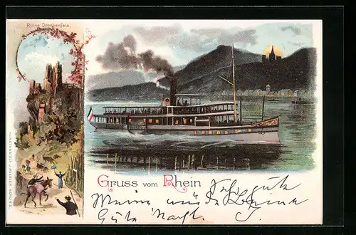 Lithographie Königswinter, Ruine Drachenfels, Rheinpartie mit Dampfer Overstolz