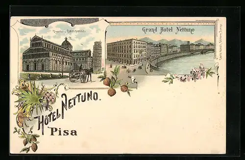 Lithographie Pisa, Grand Hotel Nettuno, Duomo u. Campanile