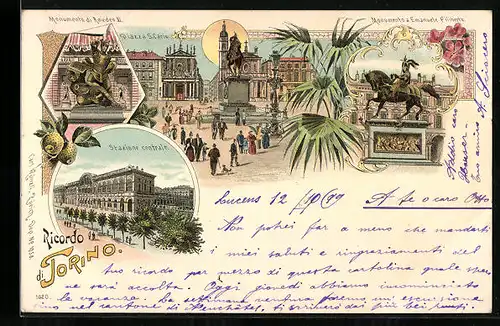 Lithographie Torino, Monumento di Amedeo VI, Piazza S. Carlo, Stazione Centrale