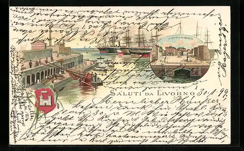 Lithographie Livorno, Porto Mediceo, Piazza Clo Alberto, Wappen