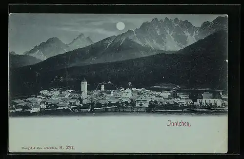 Mondschein-AK Innichen, Ortsansicht bei Nacht