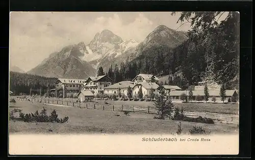 AK Schluderbach bei Croda Rosa, Ortsansicht mit Bergen