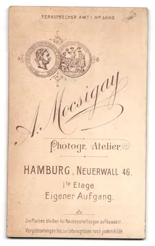 Fotografie A. Mocsigay, Hamburg, Neuerwall 46, Bürgerliche Frau im hochschliessenden Kleid