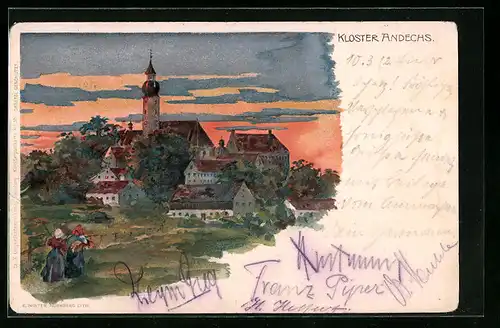 Künstler-AK Andechs, Kloster im Abendrot