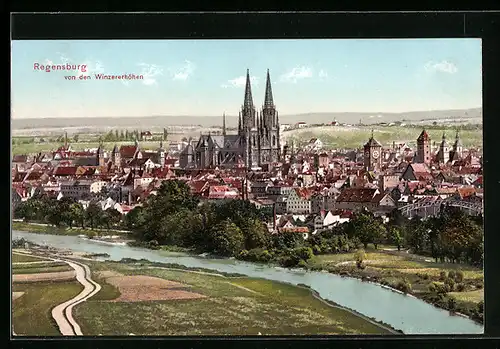 AK Regensburg, Teilansicht mit Kirche von den Winzererhöhen