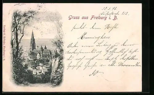 AK Freiburg i. B., Ortspartie mit Kirche