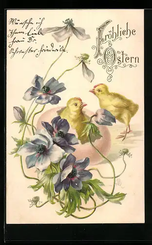 AK Osterküken mit Blüten