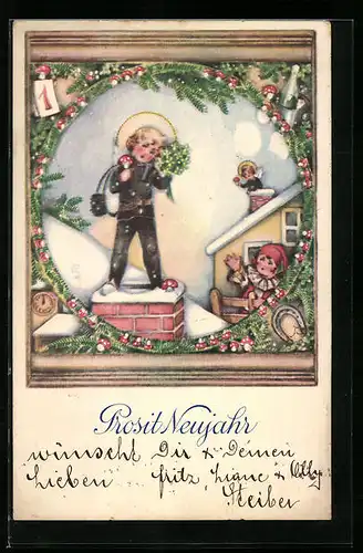 AK Schornsteinfeger mit Strauss aus Kleeblättern auf dem Dach