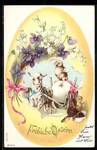 AK Lamm mit Osterei-Kutsche und Osterhasen