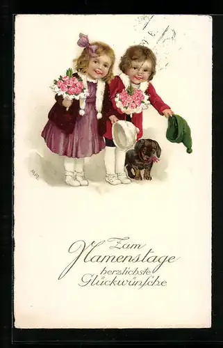 Künstler-AK Marie Flatscher (M.FL.): Glückwunsch zum Namenstage, Dackel und kleine Gratulanten