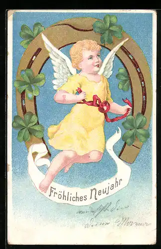 AK Engelchen mit Hufeisen und Kleeblatt