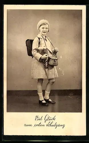 AK Mädchen mit Ranzen zum Schulanfang