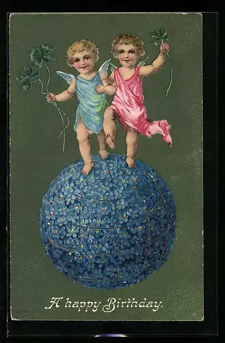 AK Engelchen auf Ball aus Vergissmeinnicht, Kleeblatt