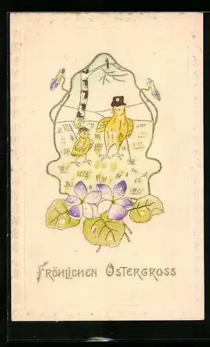 Präge-AK Osterküken mit Veilchen in idyllischer Landschaft