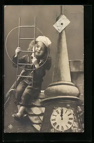 AK Kleiner Schornsteinfeger auf dem Dach