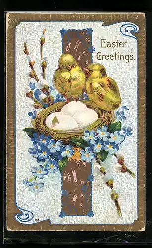 AK Osterküken im Nest mit Eiern