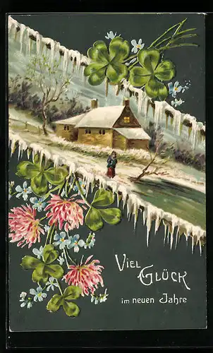 AK Winterlandschaft, Kleeblätter zum neuen Jahre