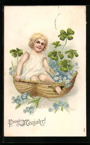 Präge-AK Neujahrsgruss, Mädchen im Weidenkorb, Kleeblätter