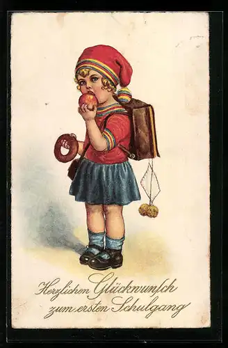 AK Mädchen isst Apfel zum Schulanfang