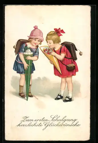 AK Mädchen mit Zuckertüten zum Schulanfang