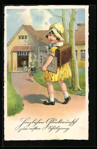AK Mädchen mit Schulranzen und Buch zum Schulanfang