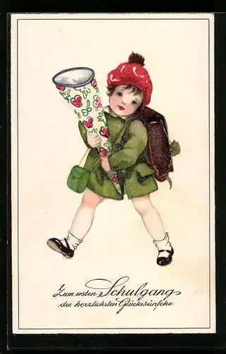 AK Kleines Mädchen mit Schulranzen und Zuckertüte