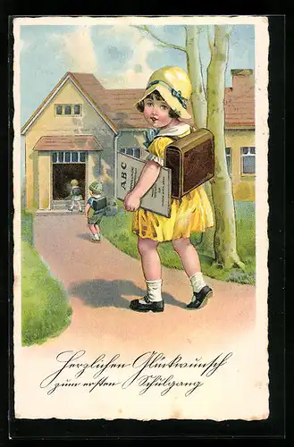 AK Mädchen mit Schulranzen und Buch zum Schulanfang