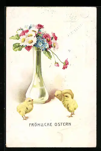 AK Osterküken mit Blumen-Vase