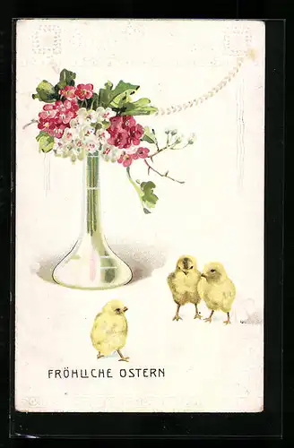 AK Osterküken neben Blumen-Vase