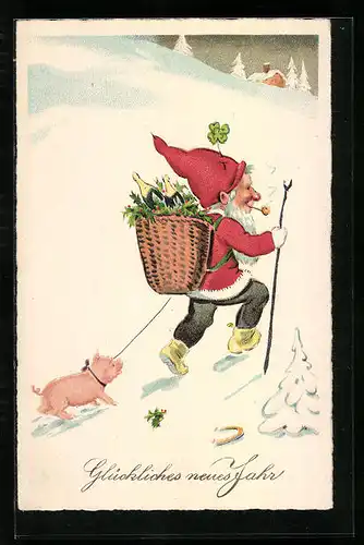 AK Weihnachtszwerg mit Schwein und Sekt stapft durch den Winterwald