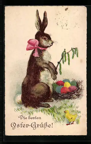 AK Osterhase mit Osterküken und Nest mit Ostereiern